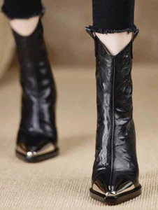 Autumn/Winter New Metallic Pointed Toe Block Heel Mid-Calf Boots for Women US 7 - Picture 1 of 3