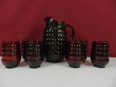 Anchor Hocking Royal Ruby Bubble Pitcher & 6 Glasses  - Image 1 of 4