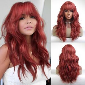 Wine Red Synthetic Wigs Long Natural Wavy Hair with Bangs for Women Daily Party