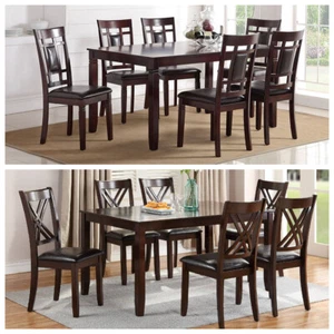 NEW 7-PC Faux Leather Espresso Casual Dining Set (Table + 6 Foam Cushion Chairs) - Picture 1 of 3