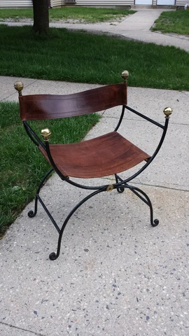 Antique 19th Century Wrought Iron & Brass   Champaign Leather Chair Cover