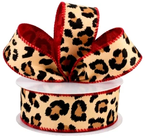 Leopard Print 1.5" by 2 yards Tan Red Double-sided Wired Ribbon Christmas - Picture 1 of 3