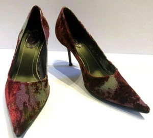 Rene Caovilla Burgundy & Green Silk Burnout Velvet Pointed Toe Pumps Sz 40 Italy - Picture 1 of 11