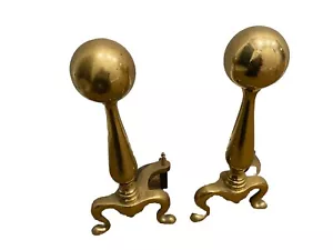 Vintage Brass and Cast Iron Cannonball Fireplace Andirons 16-17” Claw Feet Pair - Picture 1 of 5