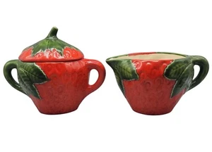 Strawberry Themed Ceramic Sugar & Creamer Pitcher Set With Lid 3" Handled - Picture 1 of 13