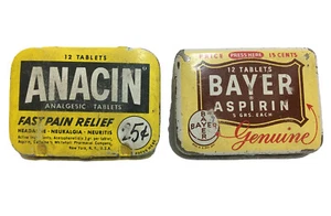 Vintage Medicine Tins Anacin And Bayer Aspirin Empty Lot of 2 - Picture 1 of 11