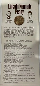 Uncirculated 1974-D Lincoln Faces Kennedy Penny Astonishing Coincidences Card - Picture 1 of 1