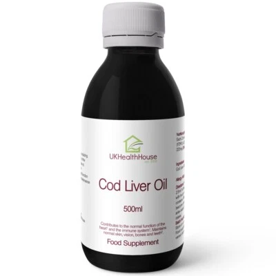 UKHEALTHHOUSE Cod Liver Oil Liquid 500ml High Strength Omega 3 Vits A & D Heart Brain (1 pack)