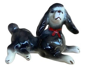 Vintage Miniature Poodle Bone China Dog Figure Glazed 2" Dark gray white red bow - Picture 1 of 6