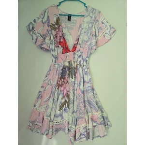 Minkpink Pink Floral Flutter Sleeve Smocked Waist Midi Dress Size M - Picture 1 of 12
