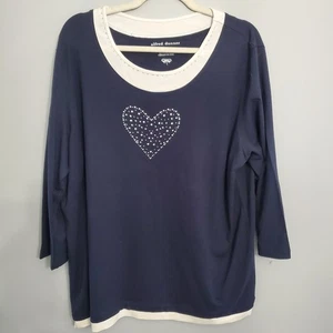Alfred Dunner Marineblau Strass verziert Herz Top Creme Borte Gr.L Freizeit Neu ohne Etikett - Bild 1 von 12