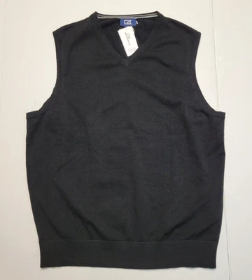$150 New CUTTER & BUCK V-Neck Sweater Vest Men's LARGE L Black COTTON Nylon Knit - Image 1 of 4