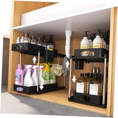 Organizador debajo del fregadero, organizador debajo del fregadero de la cocina, doble deslizamiento profesional negro Foto 1 de 4