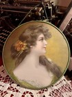 Antique Victorian Lady flue cover Round 9 1/2 Inch Diameter Lithograph W/chain