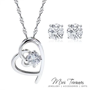 Platinum Plated CZ Solitaire Love Heart Necklace + 925 Silver Stud Earrings Set - Picture 1 of 7