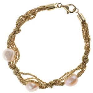 Damen Armband echt Silber 925 Sterling vergoldet gold Stoffbänder und Perlen - Bild 1 von 2
