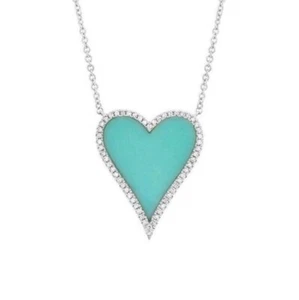 14k WHITE GOLD LARGE DIAMOND PAVE AND TURQUOISE HEART PENDANT #1516 - Picture 1 of 3