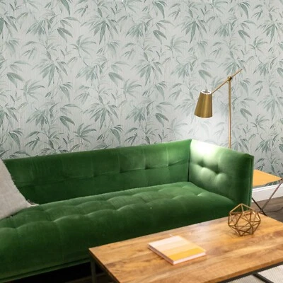 Papel pintado moderno texturizado plantas florales tela imitación oro verde azulado marfil hojas Foto 1 de 4