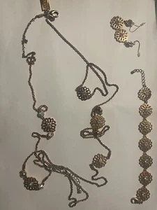 Lovely Necklace Earring Bracelet Set Bronze Copper Tones Flower Diamanté - Picture 1 of 4
