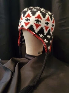 Burton Knitted Beanie OS Ear Flaps Tassels Red Black Diamond Outdoors Ski - Picture 1 of 8