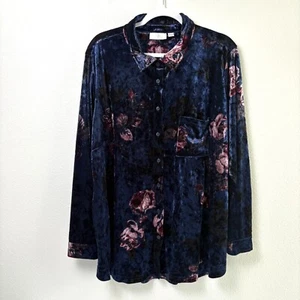 Belle By Kim Gravel Velvet Big Shirt Button Up Size 2X Blue Purple Floral Pocket - Picture 1 of 12