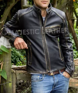 Men’s Motorcycle Biker Vintage Cafe Racer Distressed Black Real Leather Jacket - Picture 1 of 3
