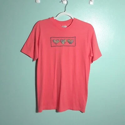 Camiseta vintage años 90 corazón mano punto de cruz talla mediana, coral puntada única Foto 1 de 4