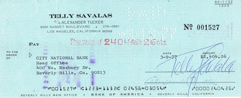 Telly Savalas 1922-94 genuine autograph signed check 4"x8" KOJAK Cover