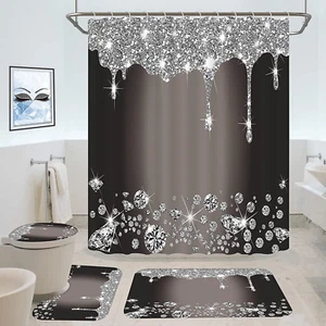 4 Pcs Glitter Diamond Shower Curtain Sets, Black Silver Shiny Drips Bath Decor w - Picture 1 of 6