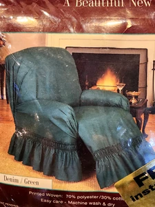 Cannon Surefit Recliner Cover Denim/Green with Ruffle NOS - Picture 1 of 3
