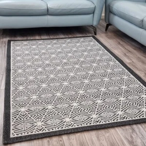 Washable Rug 100% Natural Cotton Large XL Small Greometric Black Grey Woven Mat - Picture 1 of 44
