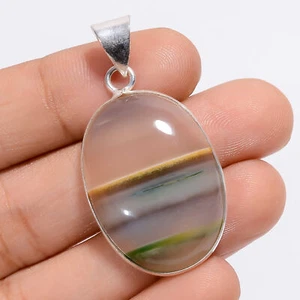 Green Botswana Banded Agate Gemstone 925 Silver Handmade Pendant 1.6" ARP-4266 - Picture 1 of 3