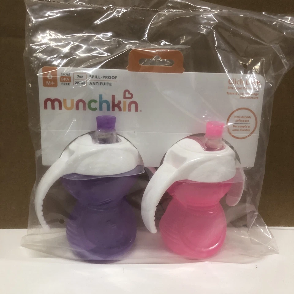 MUNCHKIN - Bloqueo de clic - 7 oz a prueba de mordeduras, taza para sorber con caño suave - rosa/púrpura, 2 piezas Foto 1 de 1