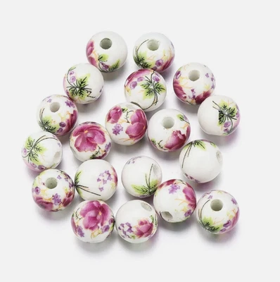 100x Handmade Flower Printed Porcelain Ceramic Round Beads 10mm DIY Crafting - Image 1 of 2