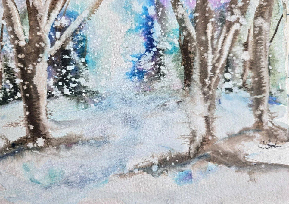 Оригинальная подписанная акварельная картина. Snowy. Вудс. Пейзаж. Рождество. Лес. - Изображение 1 из 1