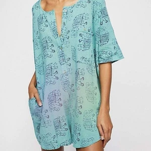 Free People Intimately Wear Me Daily Romper Size L Aqua w Elephant Print Pockets - Picture 1 of 9