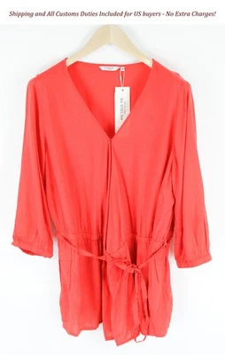 Tom Tailor Women's Blouse 48 Coral Red Wrap V-Neck Belt 3/4 Sleeves Light - Image 1 of 4