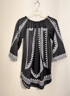 Top túnica mujer S negro blanco mangas 3/4 escote elástico azteca tribal boho Foto 1 de 4