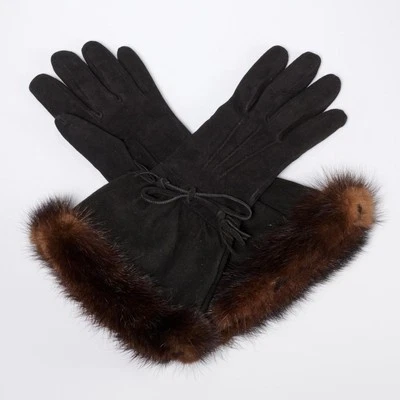 Vintage Prada Long Black Suede Gloves Mink Trim Drawstring Rare - Image 1 of 4