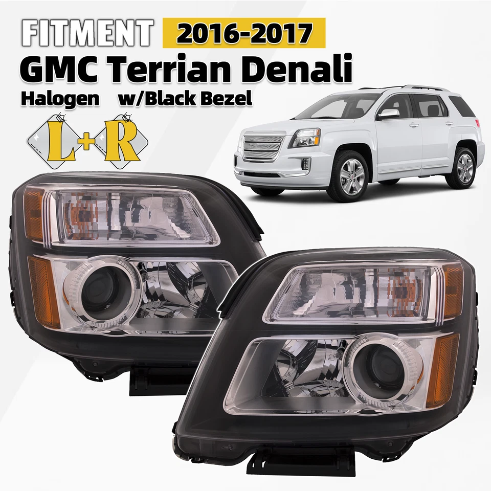 For 2016 2017 GMC Terrain Denali Headlight Black Bezel w/ Bulb Left+Right Pair Foto 1 de 4