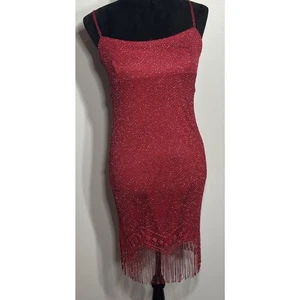 Rotes Flapper Kleid Vintage City Dreiecke offen Strick Spaghettiträger Gr. Medium - Bild 1 von 9