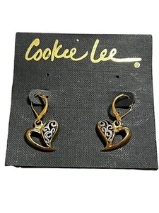 Cookie Lee Pierced Earrings Gold and Silver Tone Heart Dangle Open Filigree 1.25 - Picture 1 of 3