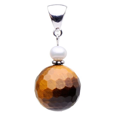 Ciondolo IN Occhio di Tigre & Perle,925 Argento,Ø18mm Sfaccettato,Braun Bianco - Immagine 1 di 4