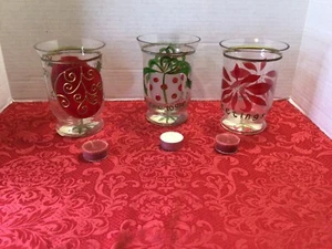 Celebrations Holiday Set Of 3 6"  hand-blown Hurricane lamp candle holders NIB - Picture 1 of 9