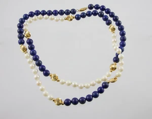 Lapis Lazuli & Cultured Pearl 15" Necklace With Gold Beads & 14K Gold Clasp - Picture 1 of 9