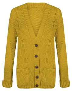 Women Ladies Long Sleeve Plus Size Button Chunky Cable Knitted Grandad Cardigan - Picture 1 of 20