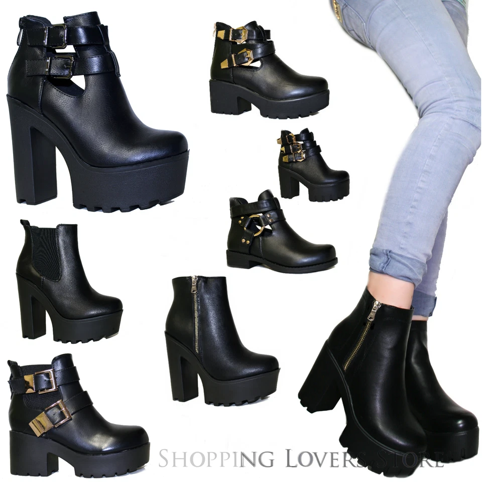 SCARPE Donna Stivali Stivaletti Anfibi FIBBIE CATENA TACCHI ALTI COMODO Cod.855 - Immagine 1 di 1