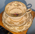 Tasse à thé et soucoupe luxuriante en or doré pêche + plaque latérale trio paragon SM Queen Mary