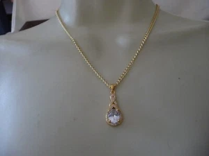 FAUX DIAMOND DROP PENDANT GOLD TONE  ON  CHAIN NECKLACE  #2023A - Picture 1 of 6