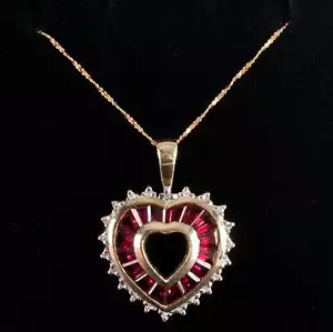 14k Yellow White Gold Lab-Created Ruby Diamond Heart Necklace 1.005ctw 3.9g - Picture 1 of 12
